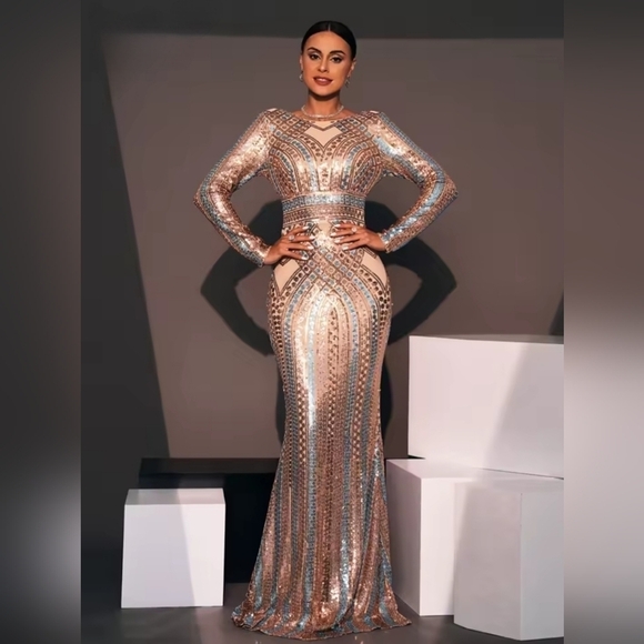 Dresses & Skirts - Gold and Blue Bodycon Gown with Plunge Neckline